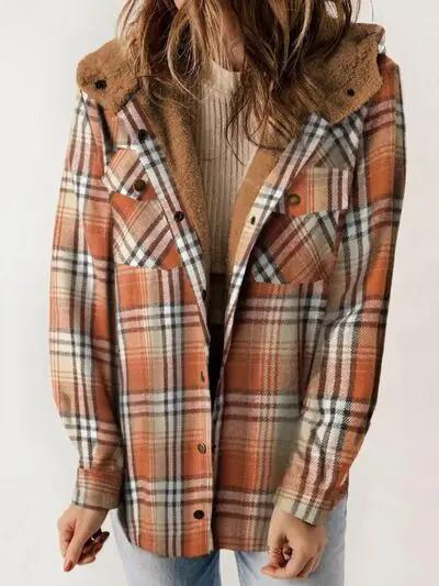 Plaid Snap Down Plush Hooded Jacket Women Warm