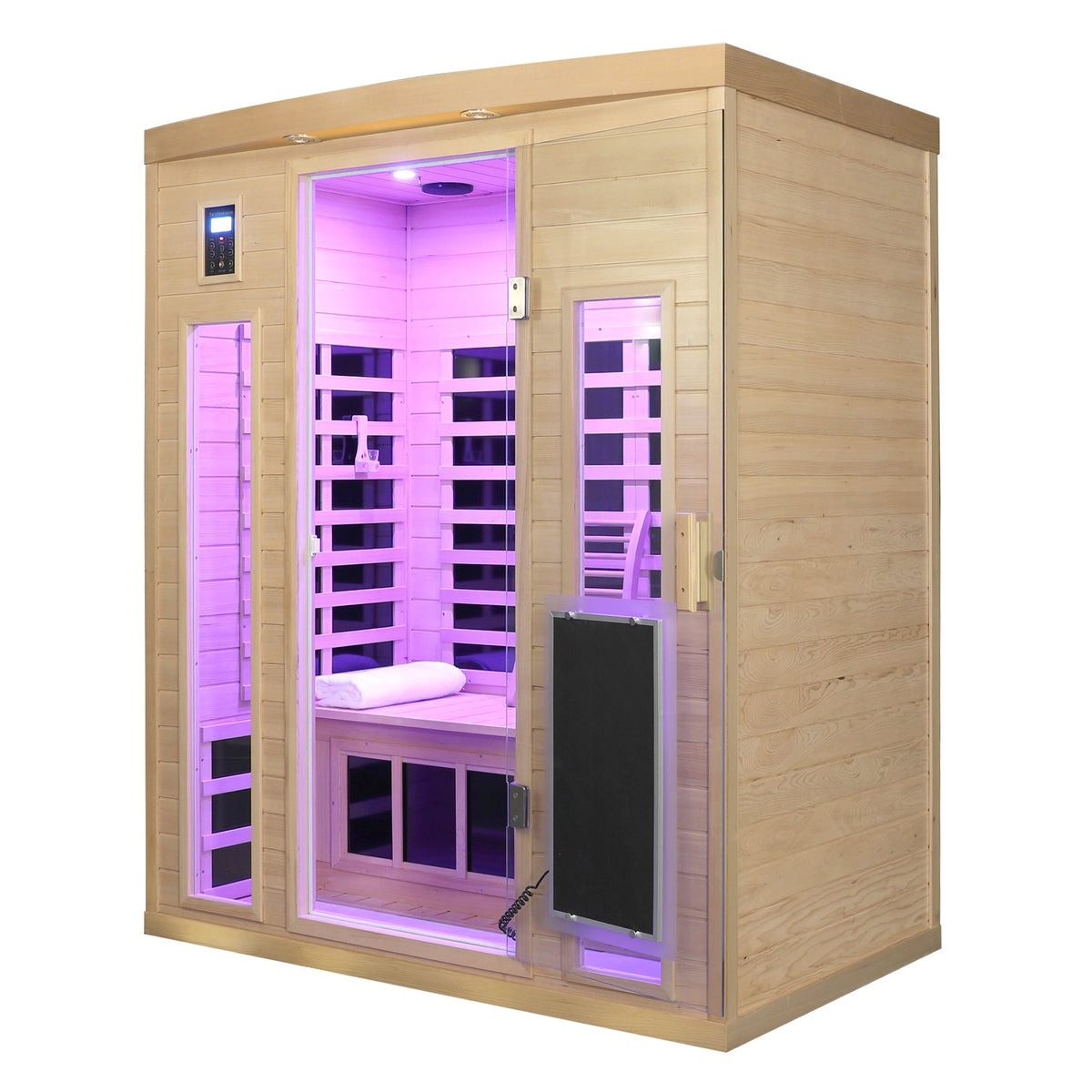 Three-person low-EMF far-infrared sauna in hemlock wood with glass door, HouseOfZazla on Tampa Home & Garden Store