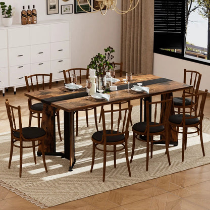 Rustic rectangular dining table for 8 with rustic brown wood top and black steel adjustable legs on Tampa Home & Garden Store