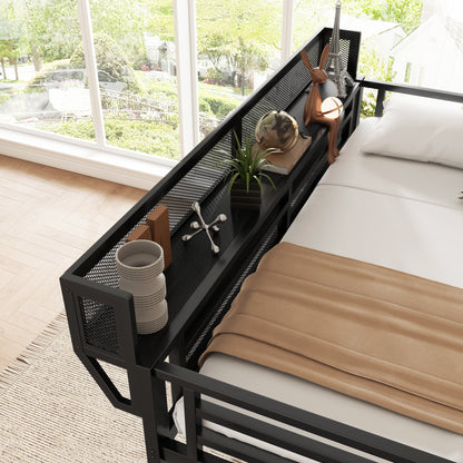 Twin size loft bed with stairs in black metal frame with storage shelves and mesh panel HouseOfZazla on Tampa Home & Garden Store