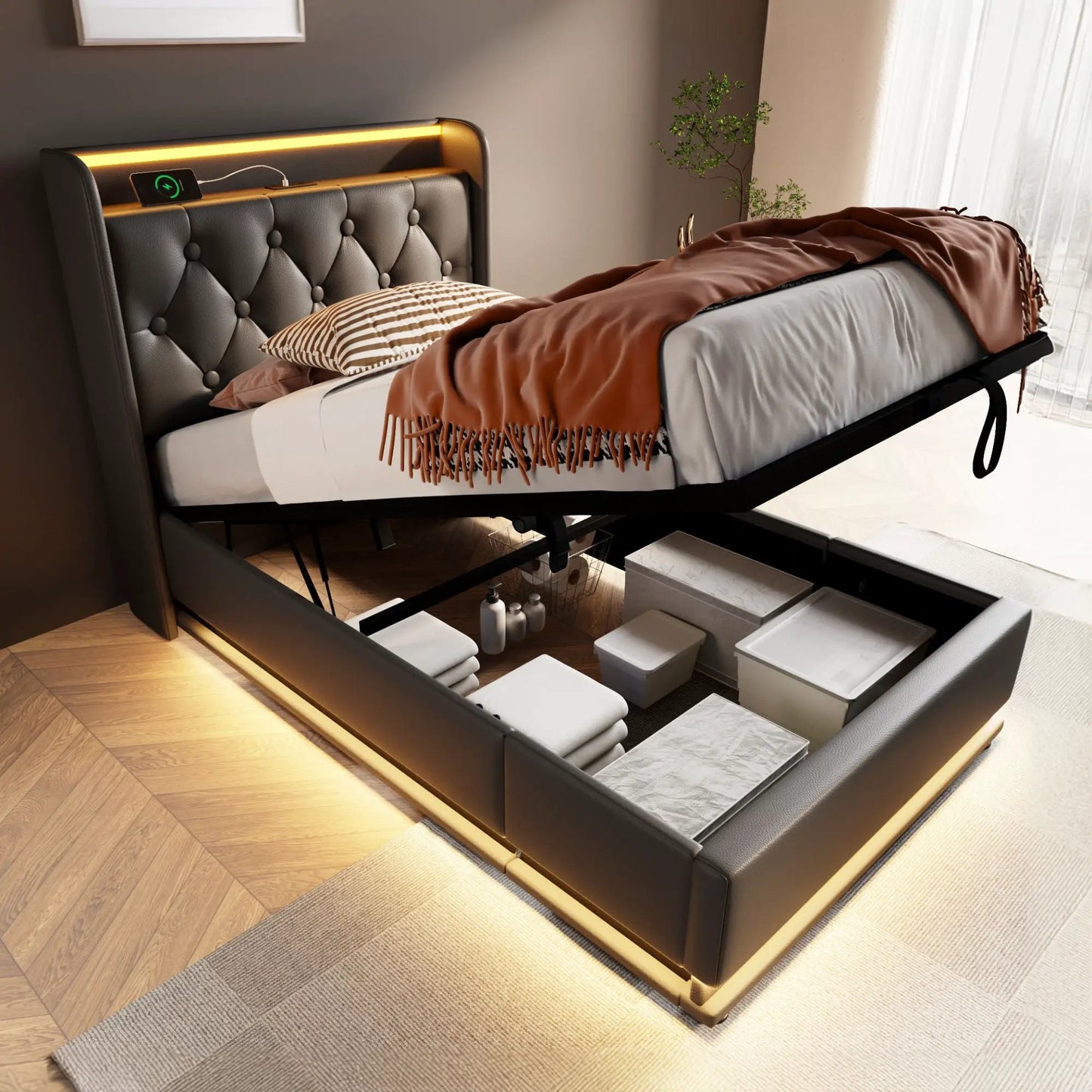 Upholstered storage bed with 360 LED headboard, remote, USB-C charging by Unique Piece Furniture on Tampa Home & Garden Store