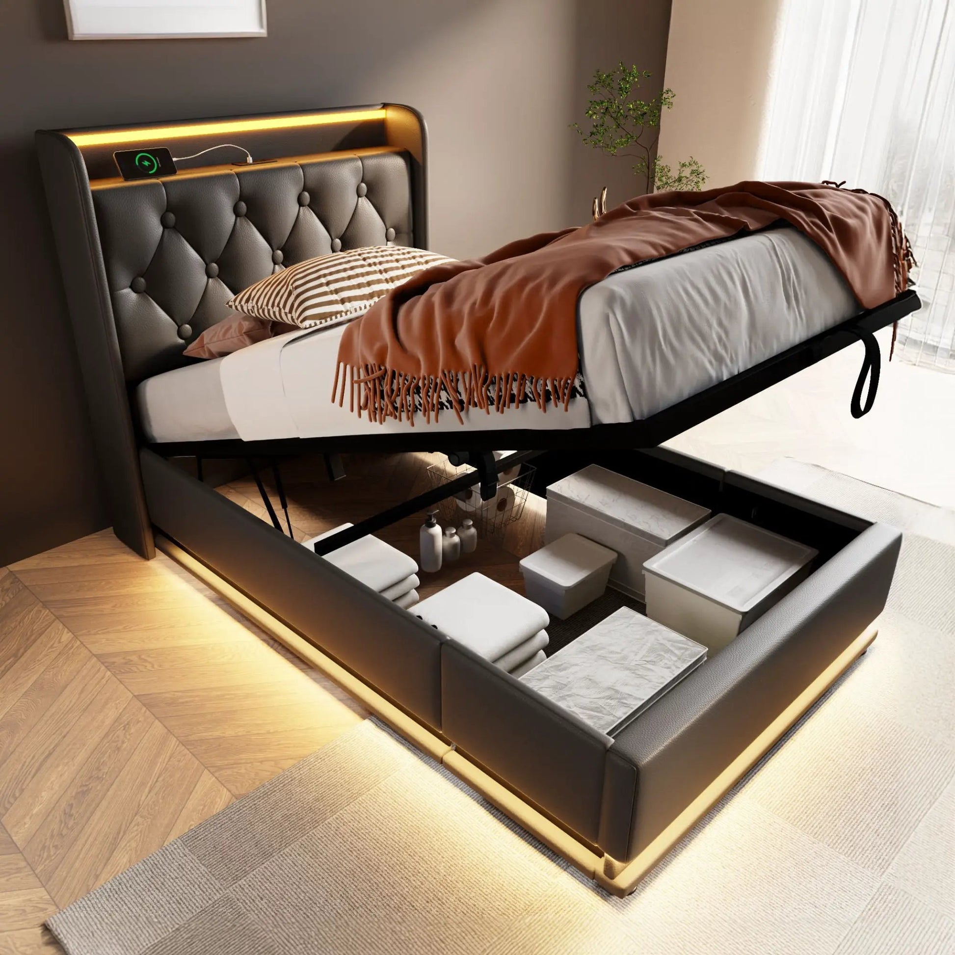 Upholstered storage bed with 360 LED headboard, remote, USB-C charging by Unique Piece Furniture on Tampa Home & Garden Store