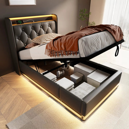 Upholstered storage bed with 360 LED headboard, remote, USB-C charging by Unique Piece Furniture on Tampa Home & Garden Store