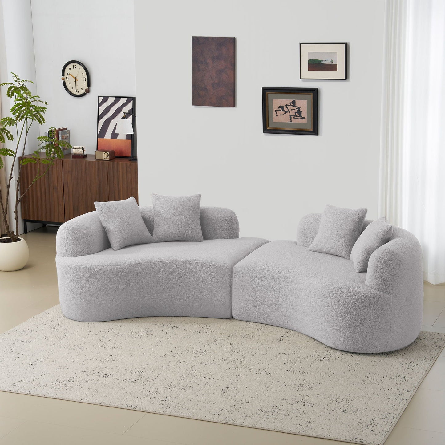 Curved 4 Seater Full Compression Sponge Sofa in light grey plush fabric with rounded edges on Tampa Home & Garden Store