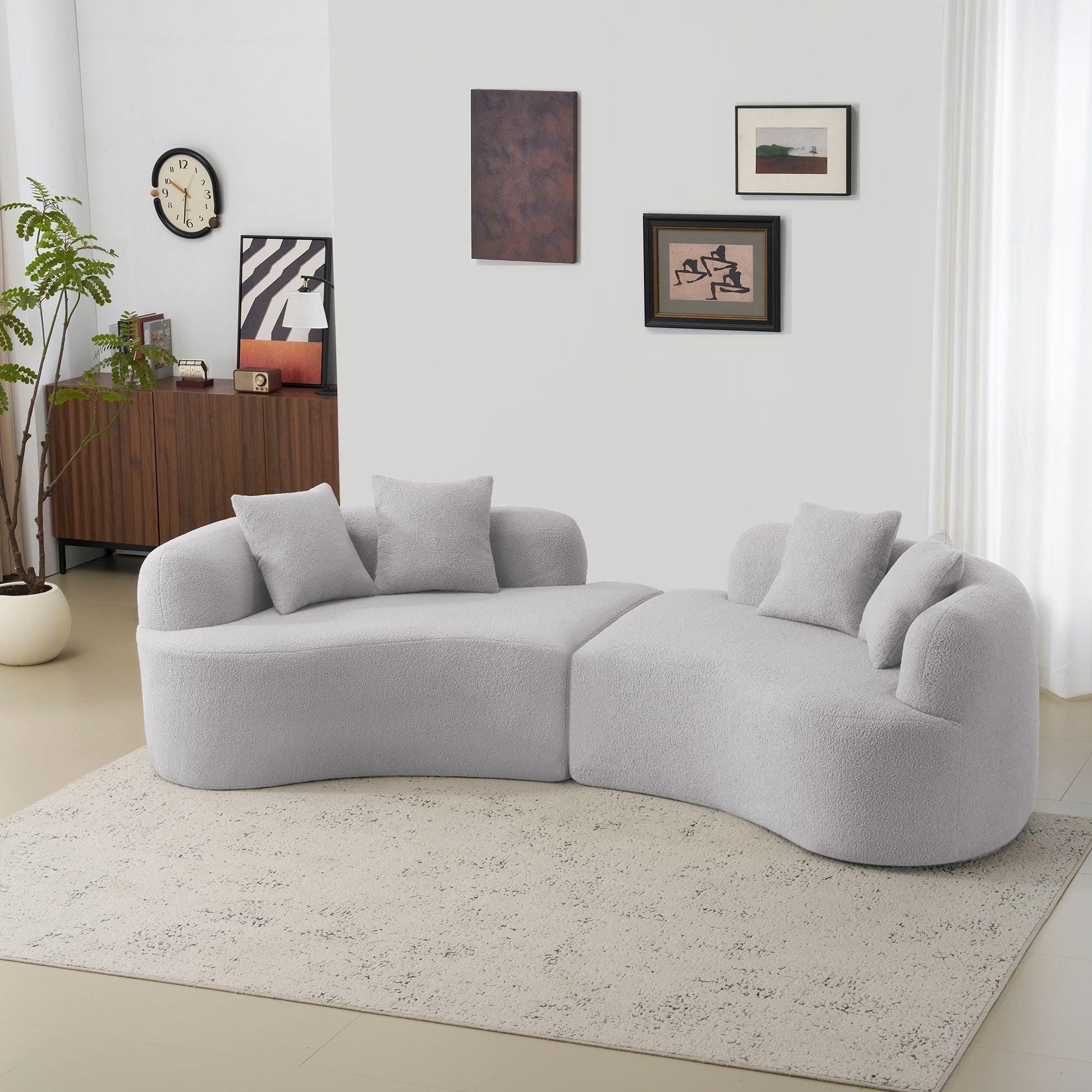 Curved 4 Seater Full Compression Sponge Sofa in light grey plush fabric with rounded edges on Tampa Home & Garden Store