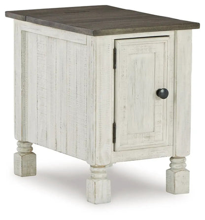 Havalance chair side end table white distressed finish with dark wood top and cabinet door on Tampa Home & Garden Store