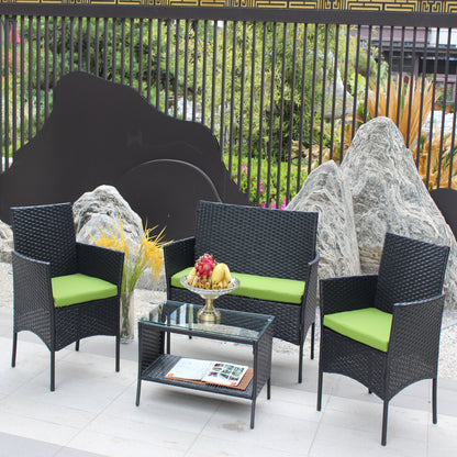 4 pc rattan patio set with black wicker chairs and glass coffee table lime cushions on Tampa Home & Garden Store