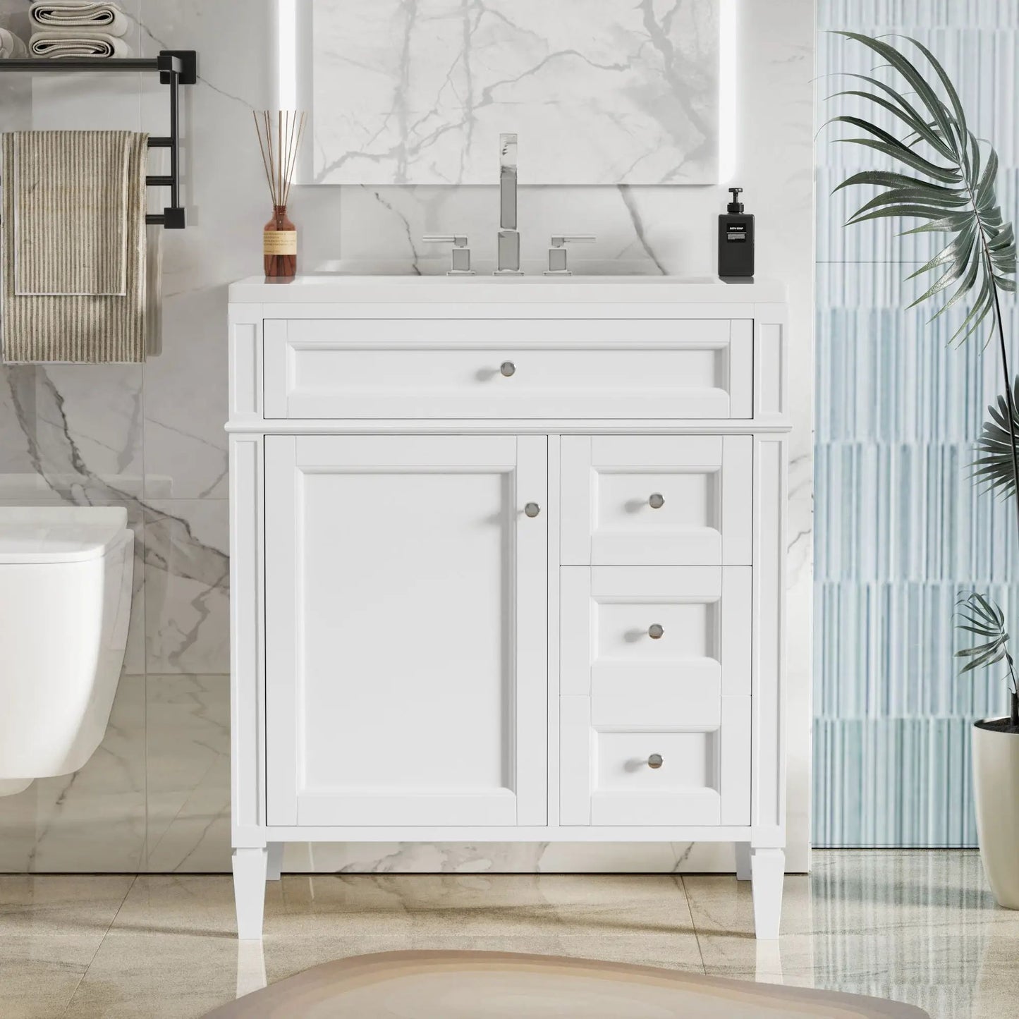 White bathroom vanity with top sink, two drawers and a tip-out drawer, by Unique Piece Furniture on Tampa Home & Garden Store