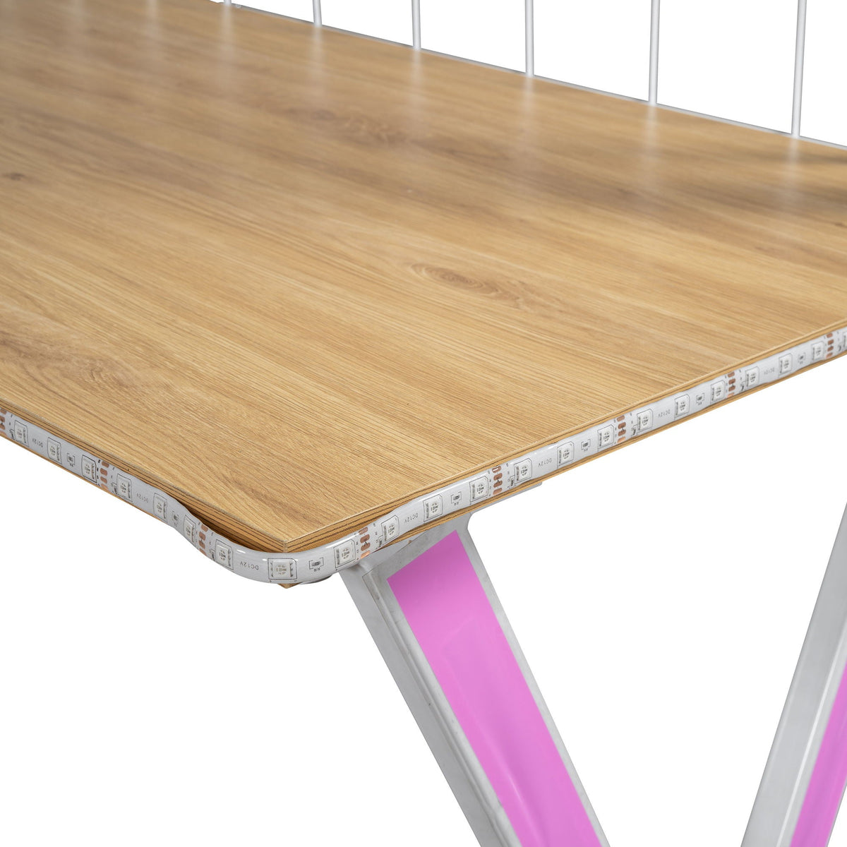 Loft bed platform with woodgrain laminate surface and visible measuring tape along edge on Tampa Home & Garden Store
