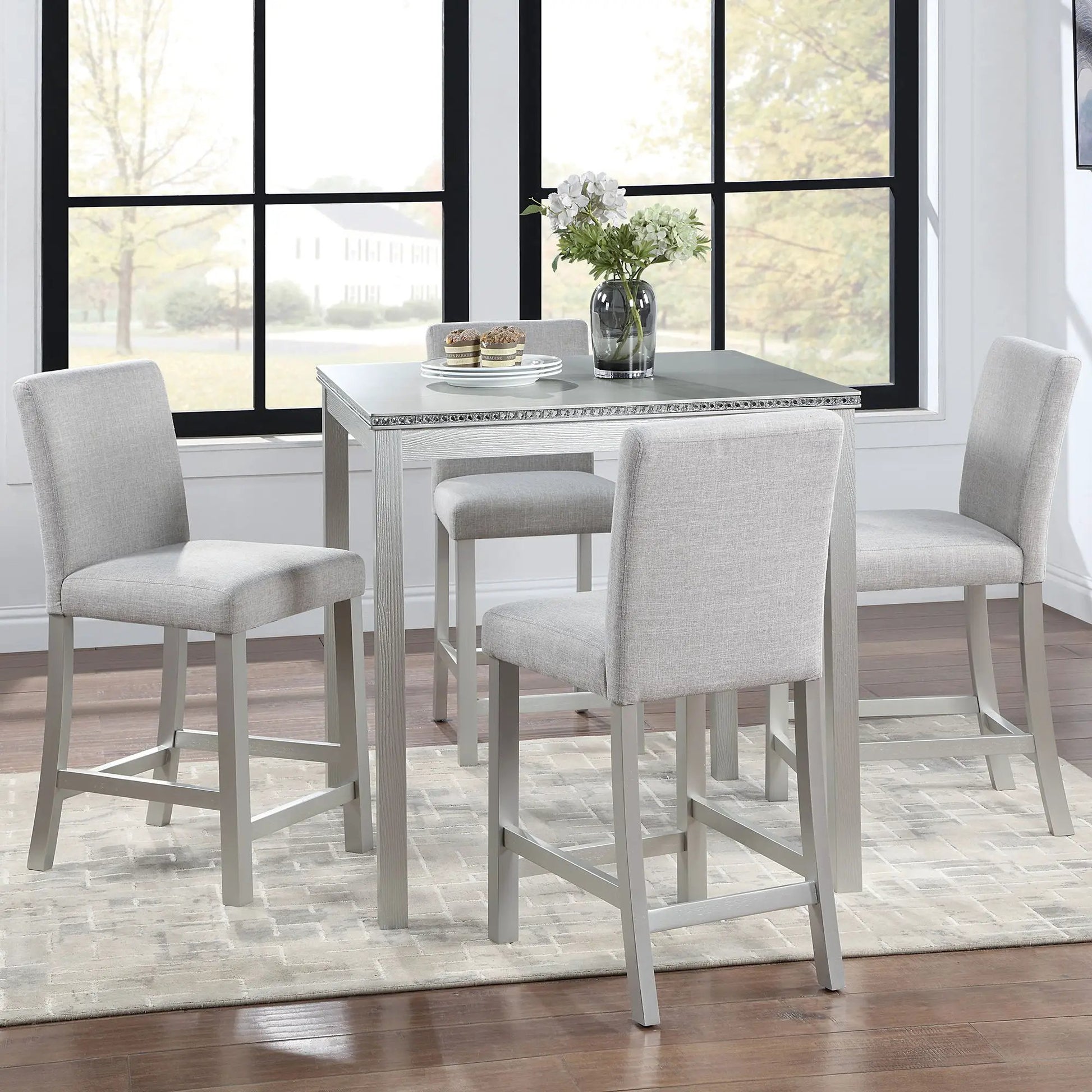 5-piece counter height dining set with square table and 4 gray upholstered chairs on Tampa Home & Garden Store