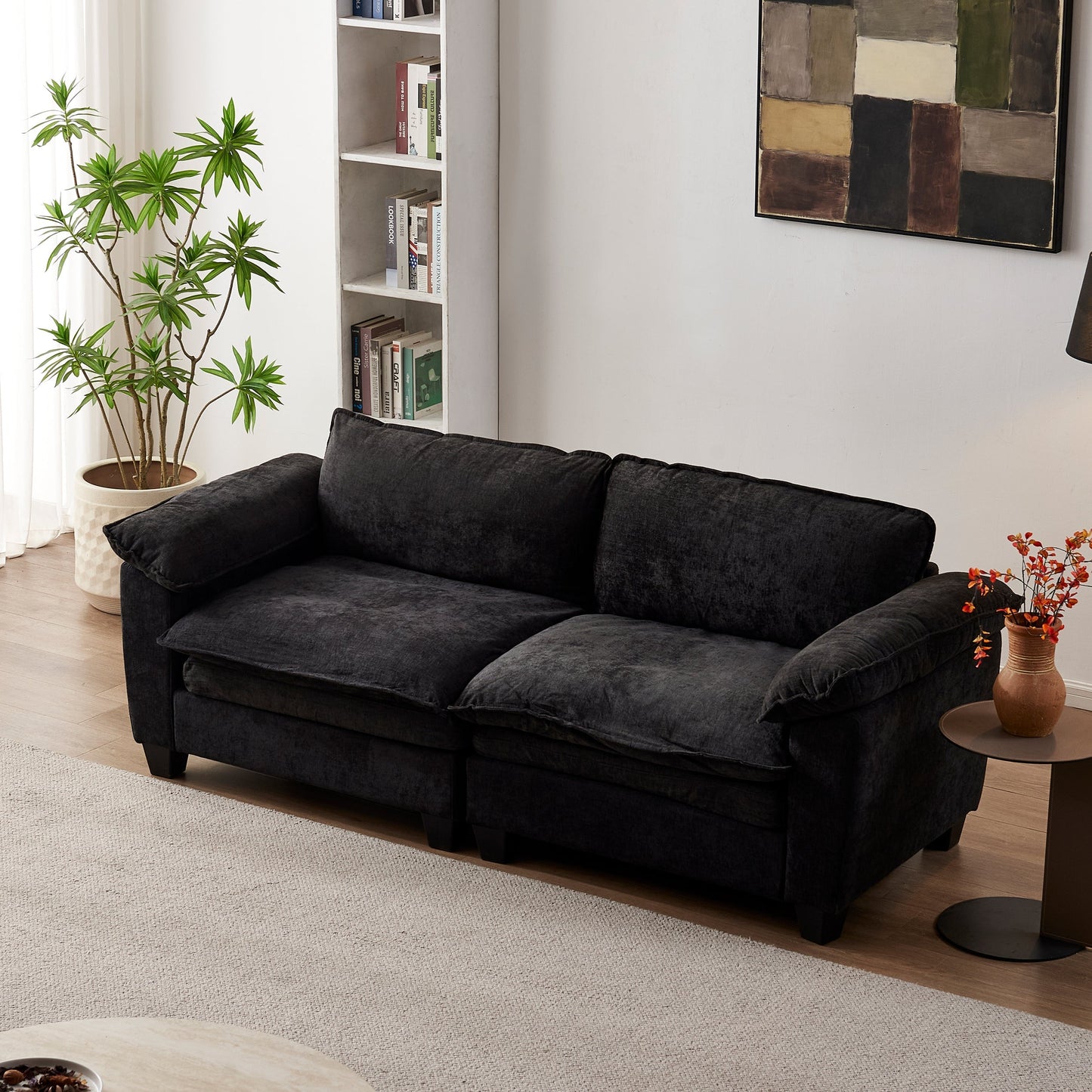 Big black chenille loveseat sofa with plush cushions for living room on Tampa Home & Garden Store