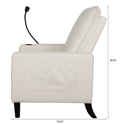 Beige fabric recliner chair with cup and phone holder, back pocket on Tampa Home & Garden Store