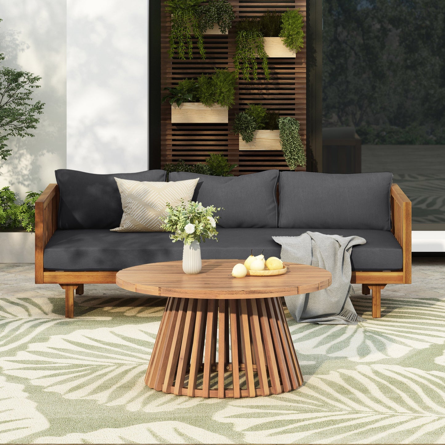 Claremont 3 Seater Daybed with Acacia Wood Patio Table set dark gray cushions HouseOfZazla on Tampa Home & Garden Store