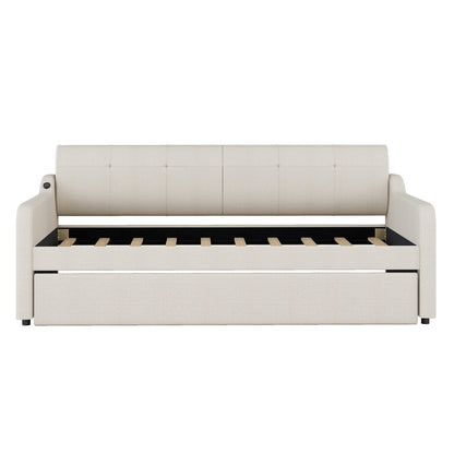 Upholstered daybed with trundle in beige fabric by HouseOfZazla on Tampa Home & Garden Store