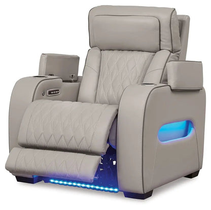 Boyington power recliner with adj headrest in light gray quilted leather, cup holders and LED on Tampa Home & Garden Store