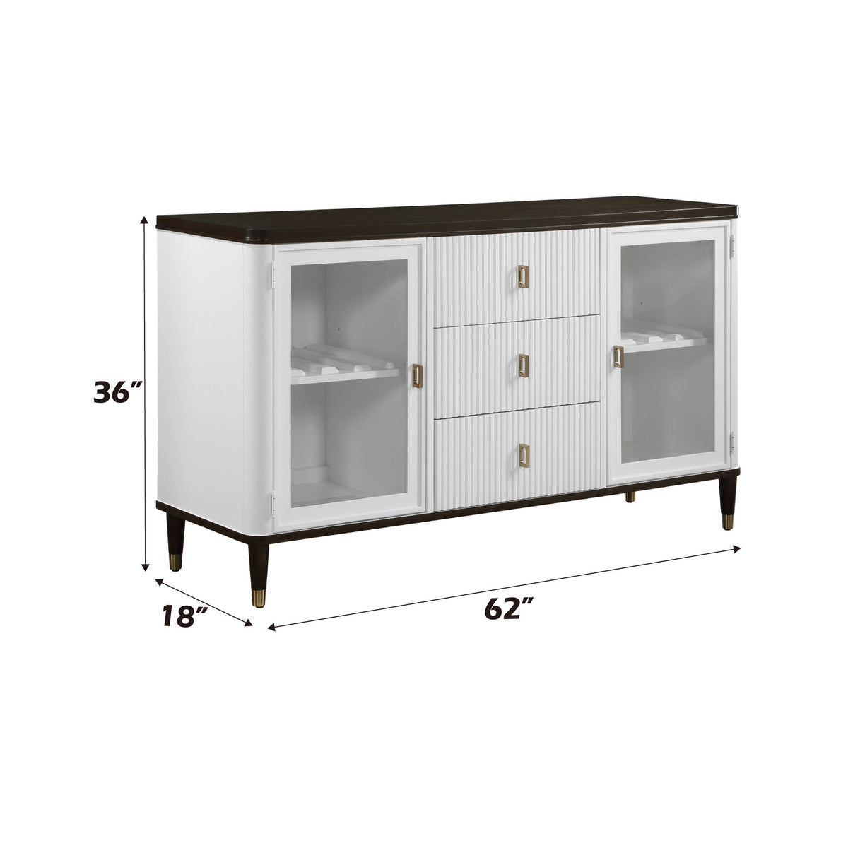 Carene server with drawers and glass-front doors in white with dark brown top on Tampa Home & Garden Store