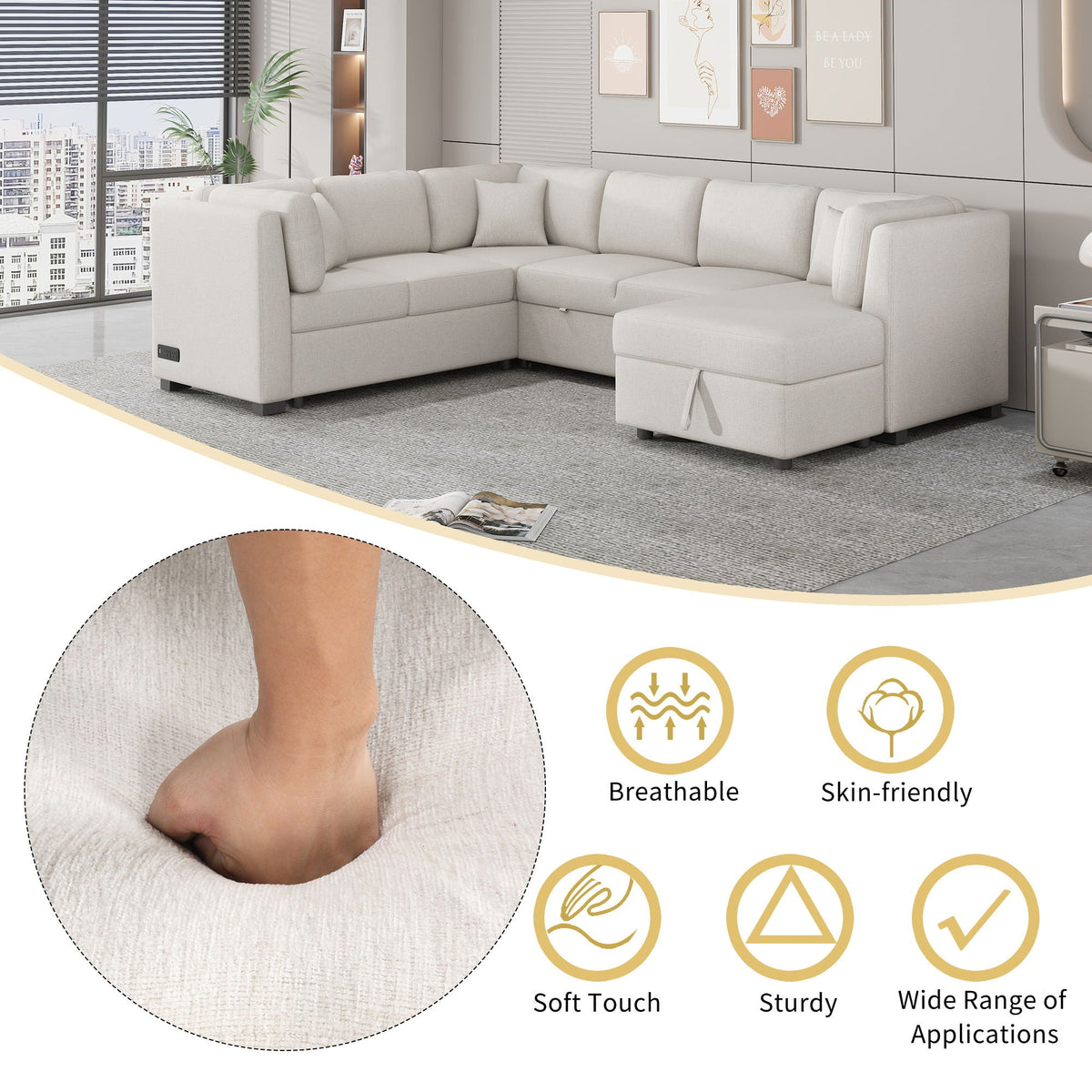 U-shaped sleeper sectional sofa by HouseOfZazla in beige fabric with storage chaise and cushions on Tampa Home & Garden Store