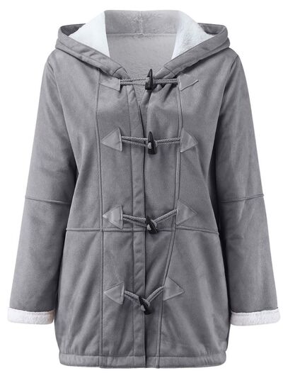 Full Size Pocketed Long Sleeve Hooded Toggle Jacket by Stevvex, gray on Tampa Home & Garden Store