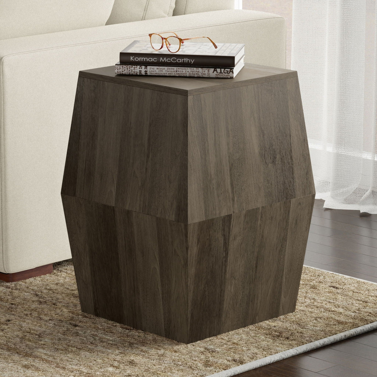 Hexagonal mango wood side table in dark brown; two books and glasses on top HouseOfZazla on Tampa Home & Garden Store