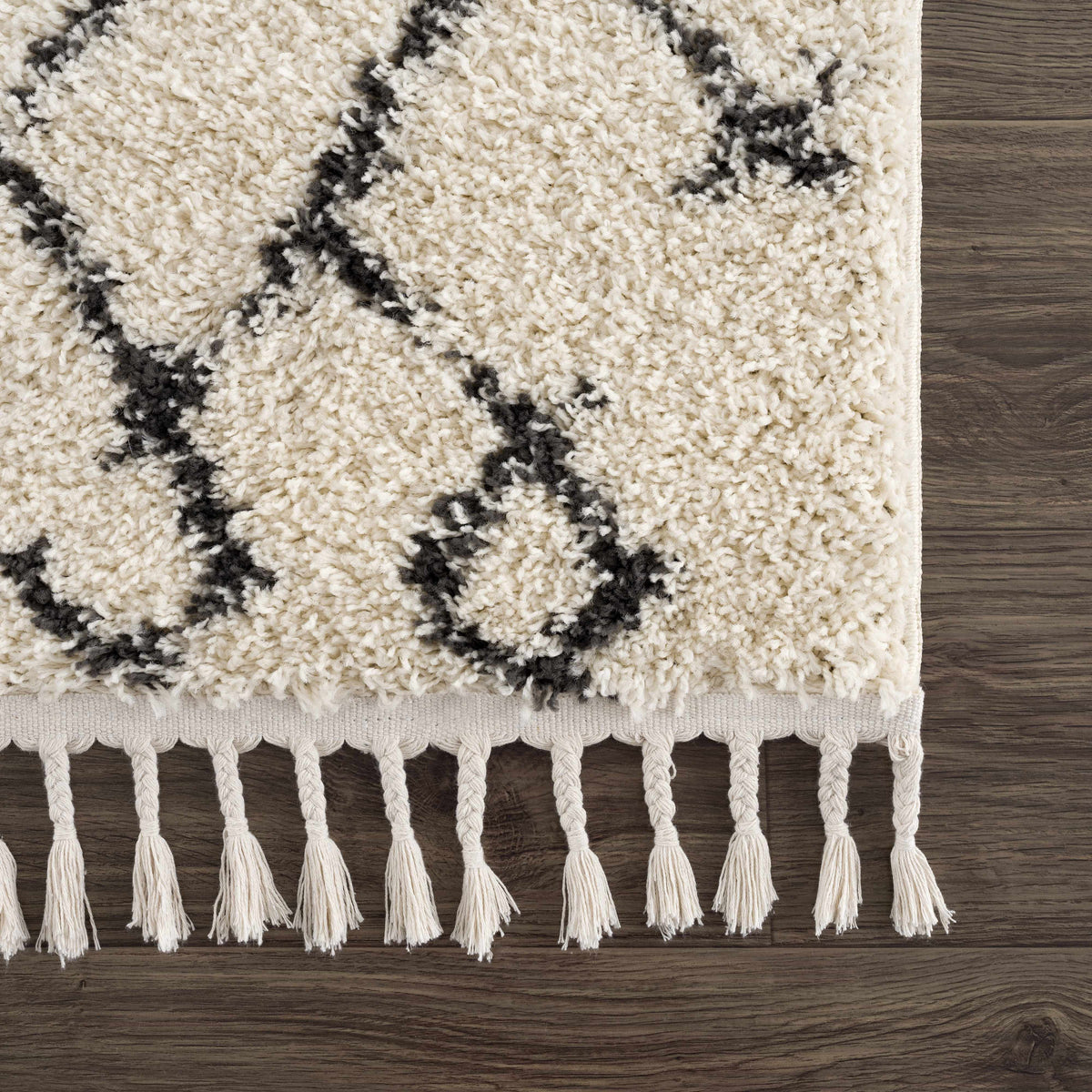 Pahala Moroccan Shag Area Rug by Boutique Rugs in ivory with black geometric pattern and fringe on Tampa Home & Garden Store