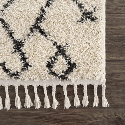 Pahala Moroccan Shag Area Rug by Boutique Rugs in ivory with black geometric pattern and fringe on Tampa Home & Garden Store