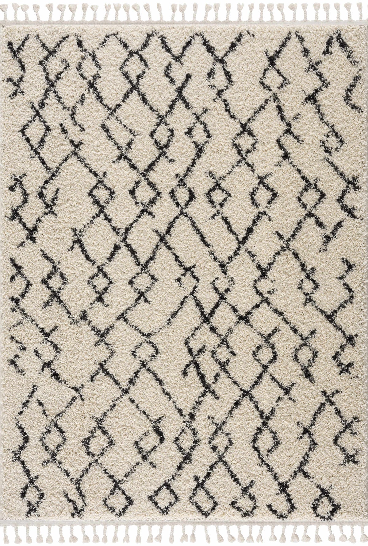 Pahala Moroccan Shag Area Rug beige with black lattice pattern, fringe tassels, Boutique Rugs on Tampa Home & Garden Store
