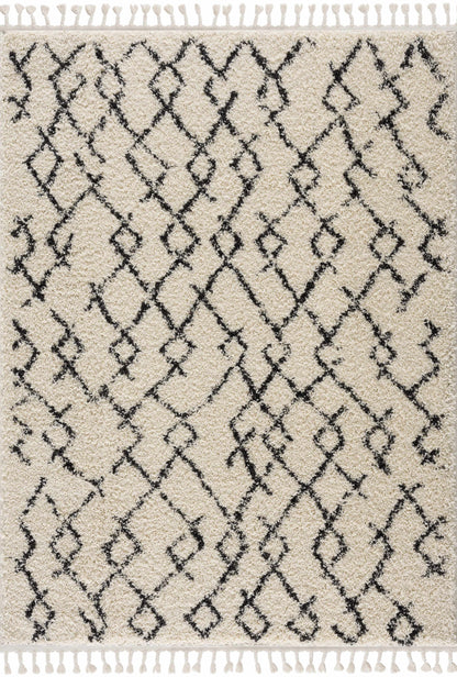 Pahala Moroccan Shag Area Rug beige with black lattice pattern, fringe tassels, Boutique Rugs on Tampa Home & Garden Store