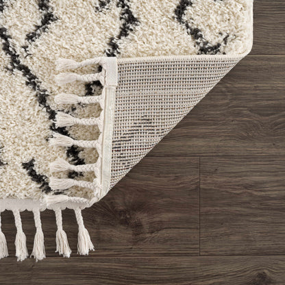 Pahala Moroccan Shag Area Rug Boutique Rugs cream ivory with dark motif and tassel fringe on Tampa Home & Garden Store