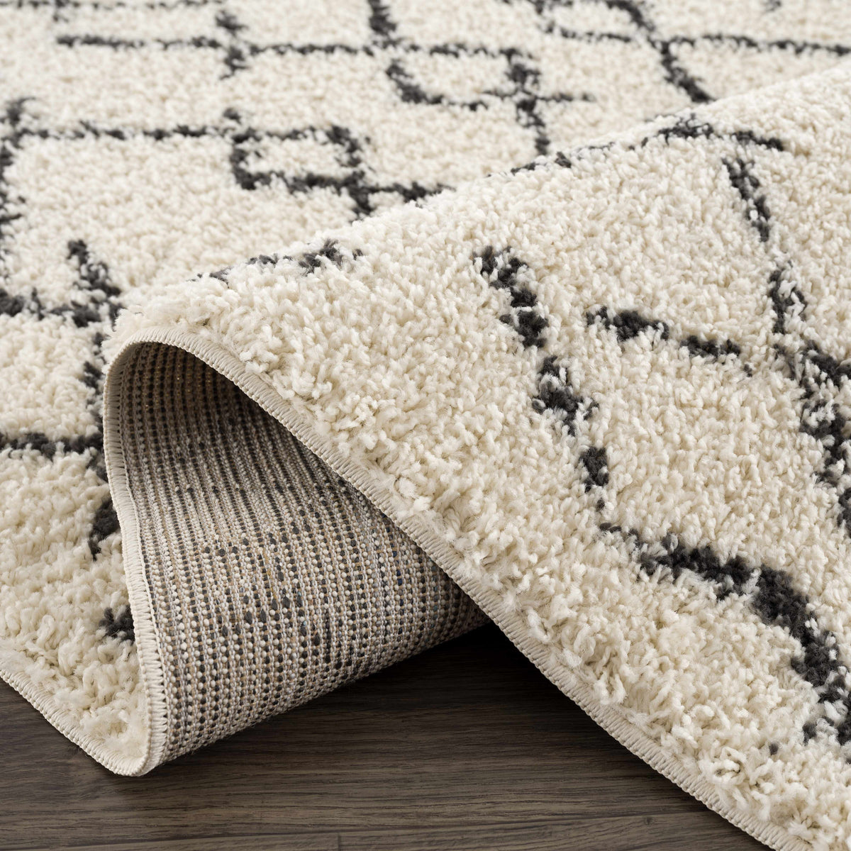 Pahala Moroccan Shag Area Rug ivory cream with charcoal lattice Boutique Rugs shag pile on Tampa Home & Garden Store
