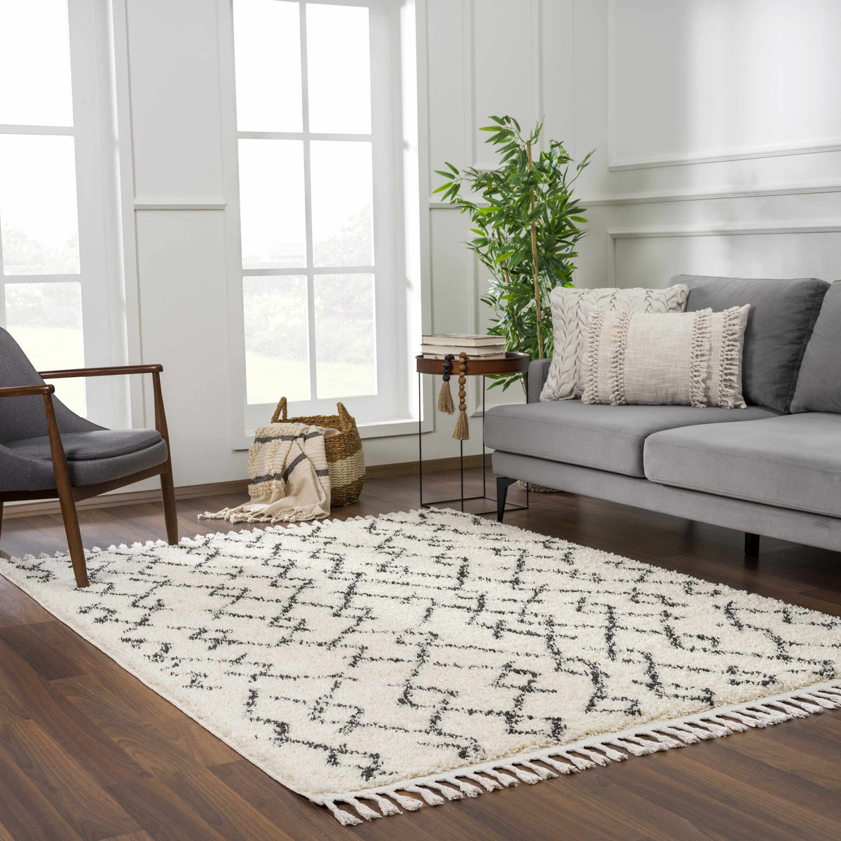 Pahala Moroccan Shag Area Rug in ivory with black geometric pattern, Boutique Rugs on Tampa Home & Garden Store