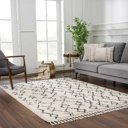 Pahala Moroccan Shag Area Rug in ivory with black geometric pattern, Boutique Rugs on Tampa Home & Garden Store