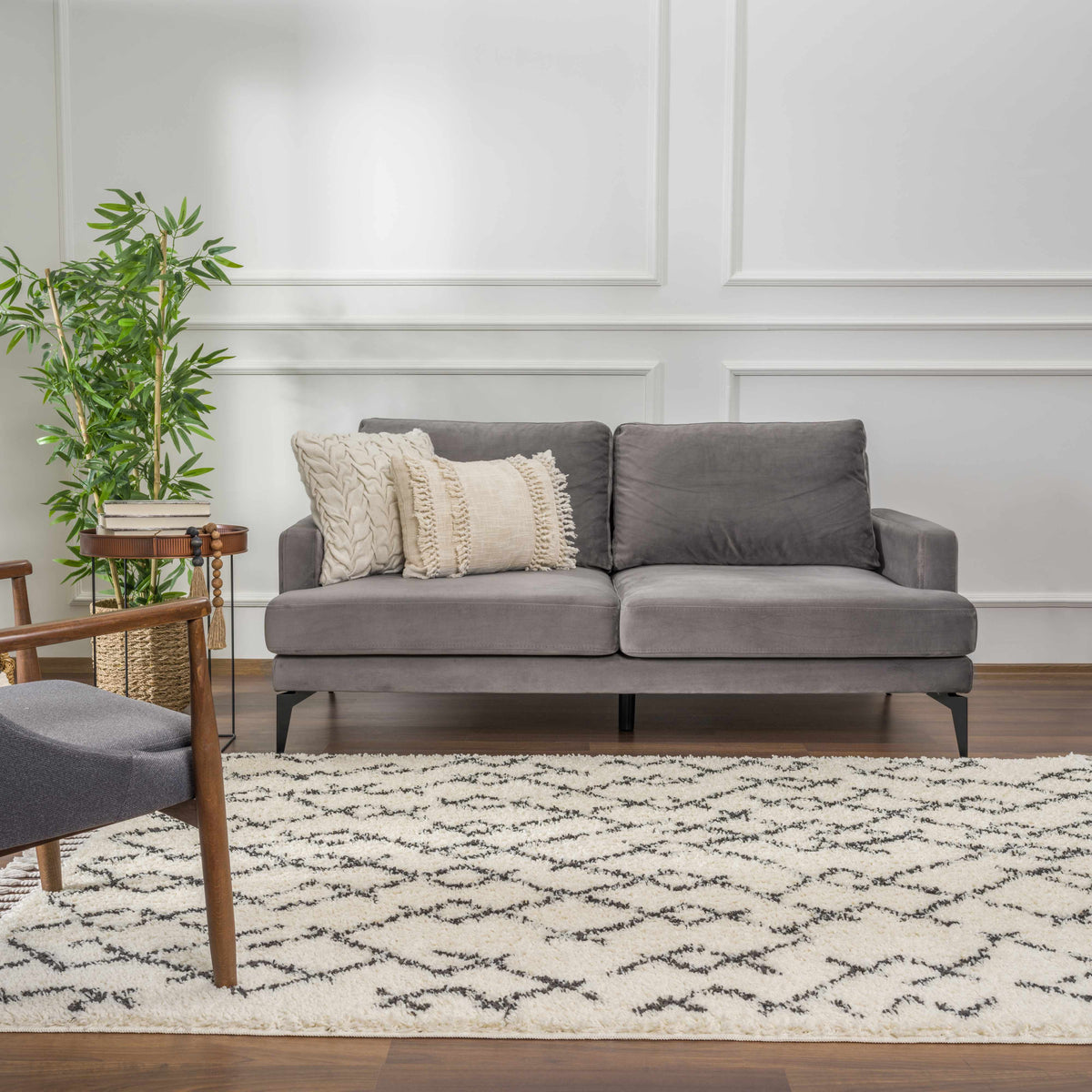 Pahala Moroccan Shag Area Rug cream and black geometric pattern Boutique Rugs clearance on Tampa Home & Garden Store