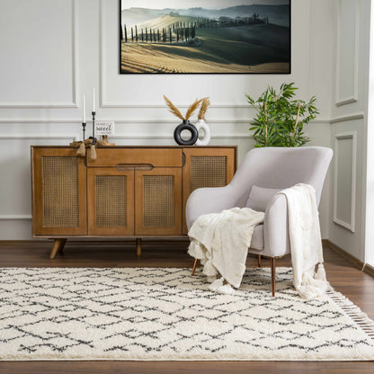 Pahala Moroccan Shag Area Rug cream with black zigzag pattern Boutique Rugs clearance on Tampa Home & Garden Store