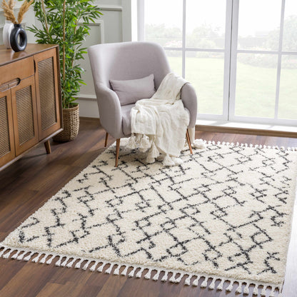Pahala Moroccan Shag Area Rug Boutique Rugs ivory with black lattice, tassel fringe on Tampa Home & Garden Store