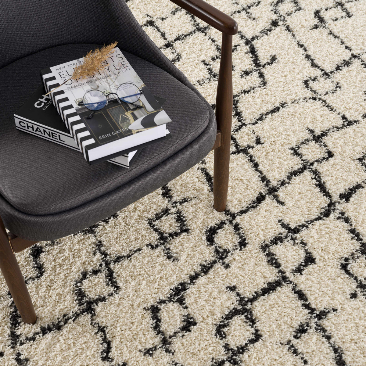 Pahala Moroccan Shag Area Rug beige cream with black geometric pattern in living room on Tampa Home & Garden Store