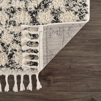 Buan Area Rug by Boutique Rugs, cream and black shag with tassel fringe on Tampa Home & Garden Store