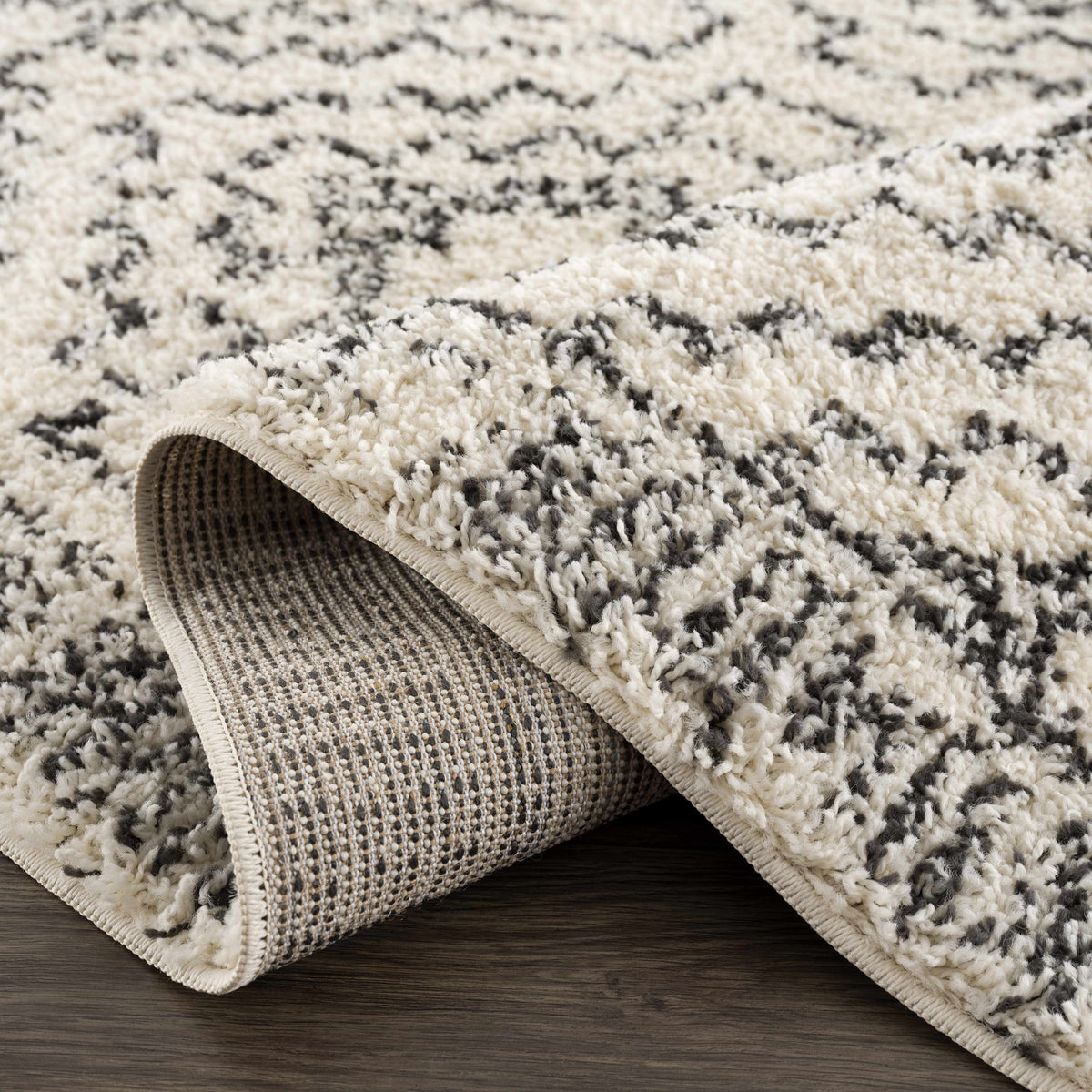 Buan area rug, ivory cream shag with dark gray abstract pattern, Boutique Rugs on Tampa Home & Garden Store