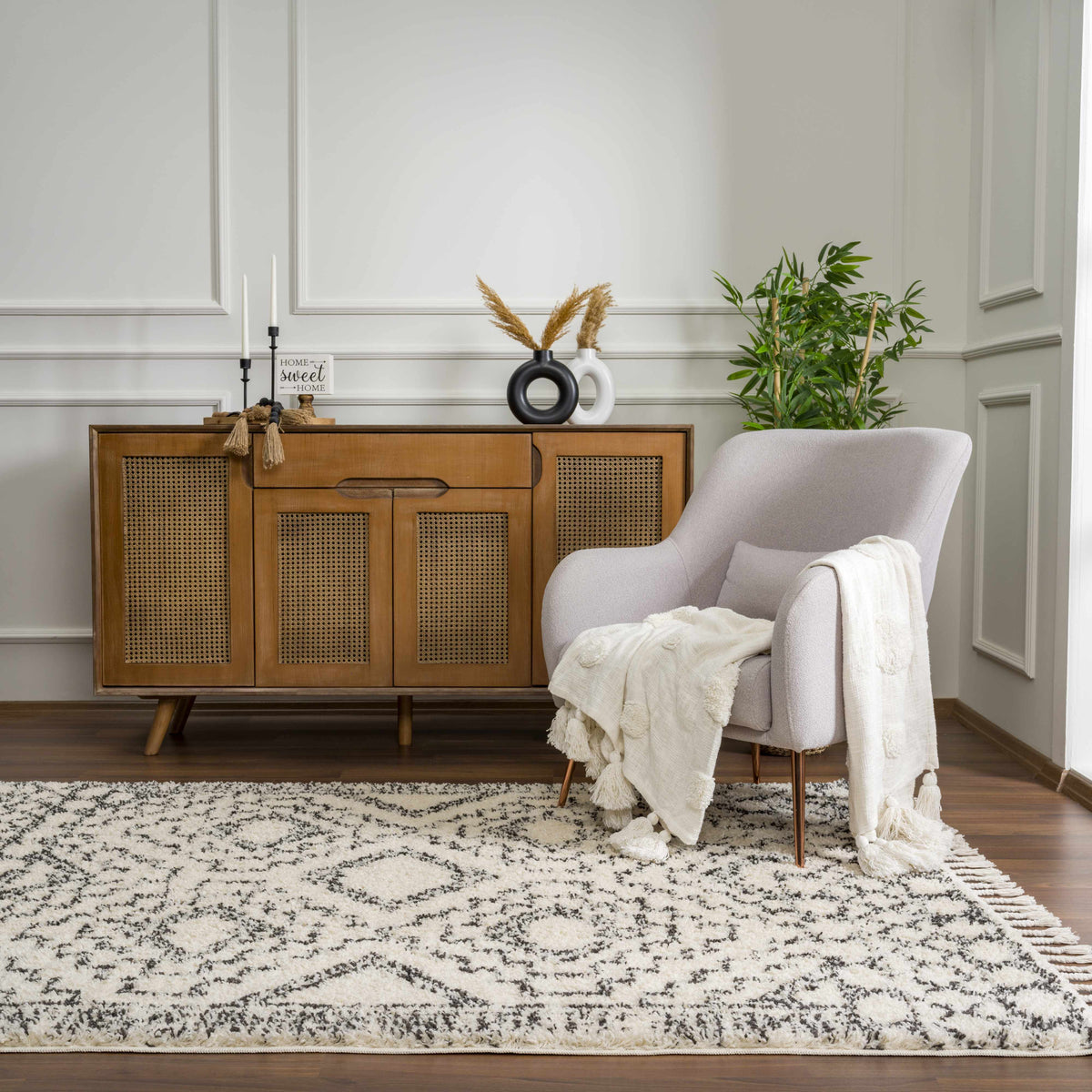 Buan Area Rug, cream and black speckled pattern with plush shag texture, Boutique Rugs on Tampa Home & Garden Store