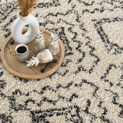 Buan Area Rug beige cream shag with black geometric pattern Boutique Rugs on Tampa Home & Garden Store