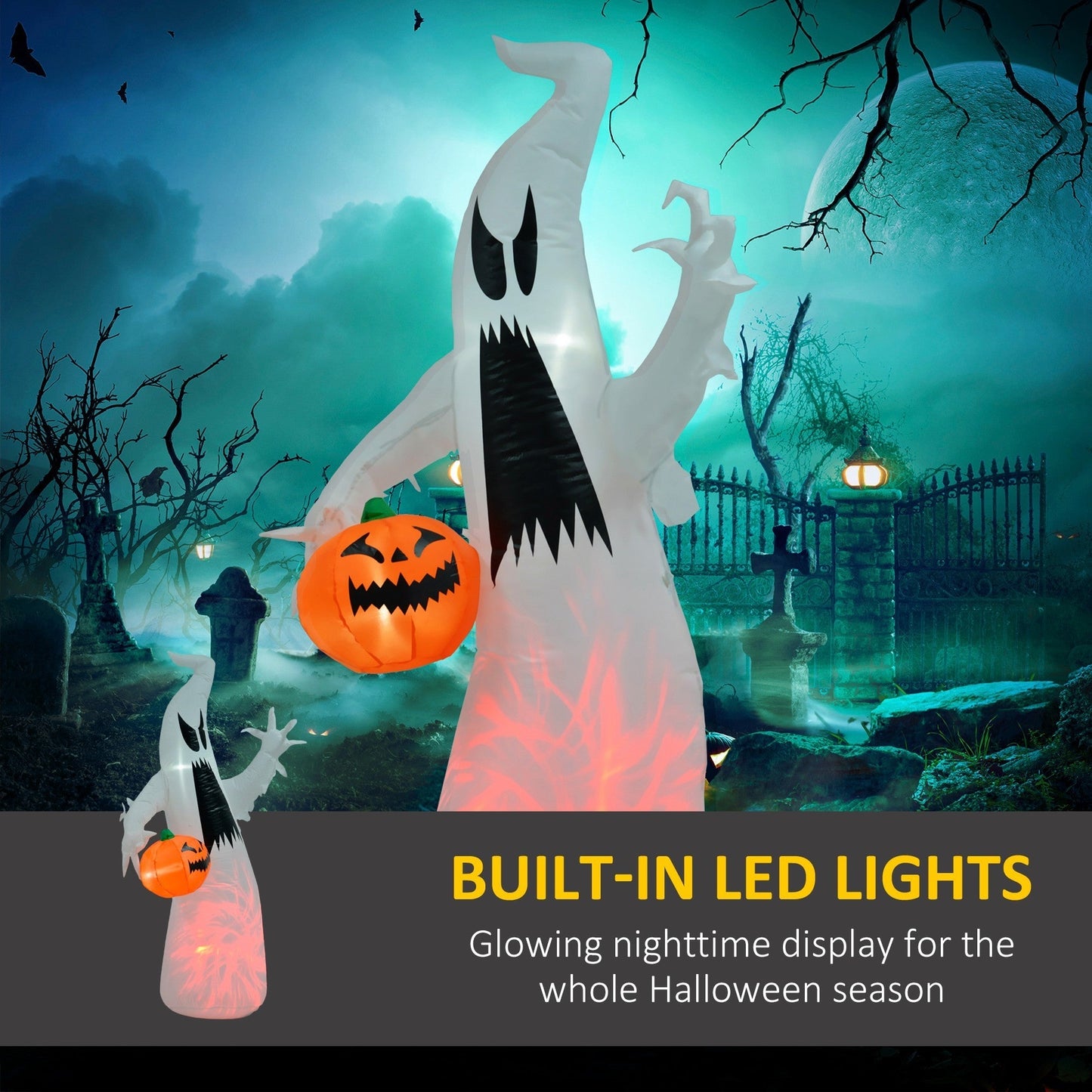 5.9' tall LED-lit inflatable ghost Halloween decor by HouseOfZazla with a pumpkin prop on Tampa Home & Garden Store