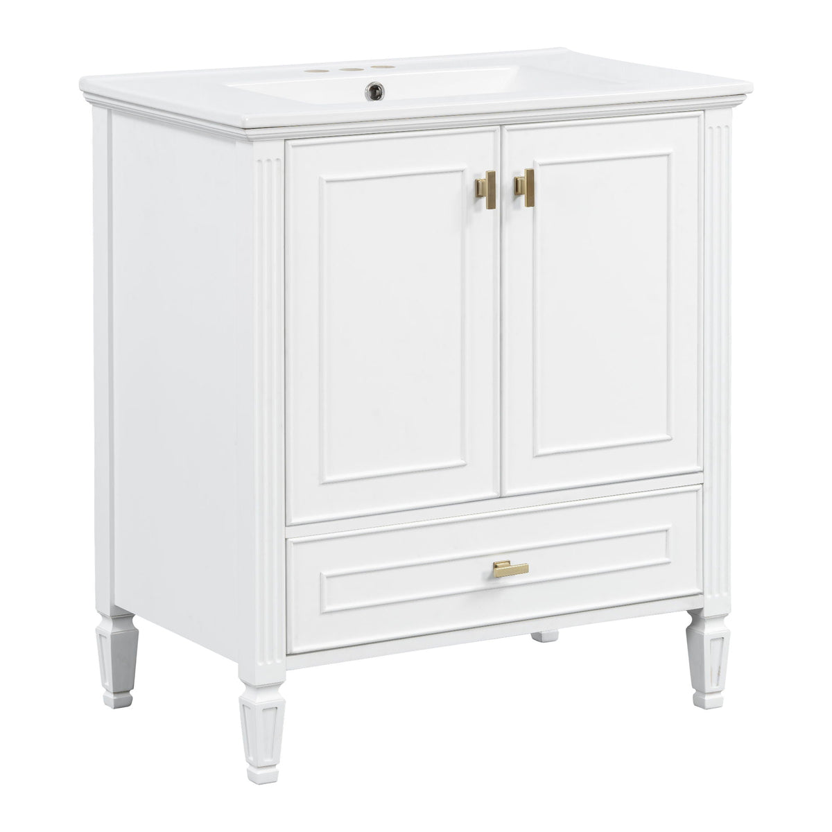 Freestanding white vanity with one drawer and two cabinet doors, brass handles on legs on Tampa Home & Garden Store
