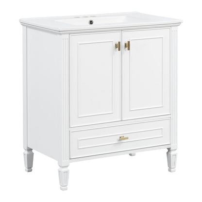 Freestanding white vanity with one drawer and two cabinet doors, brass handles on legs on Tampa Home & Garden Store