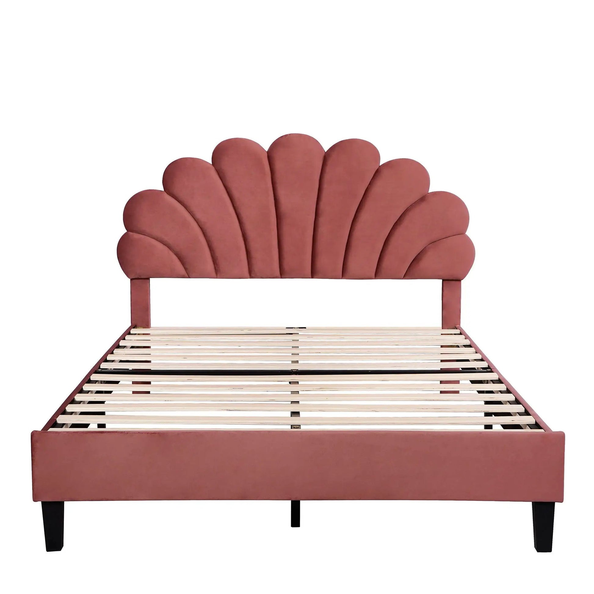 Upholstered platform bed with pink flower-headboard and slat base by Unique Piece Furniture on Tampa Home & Garden Store