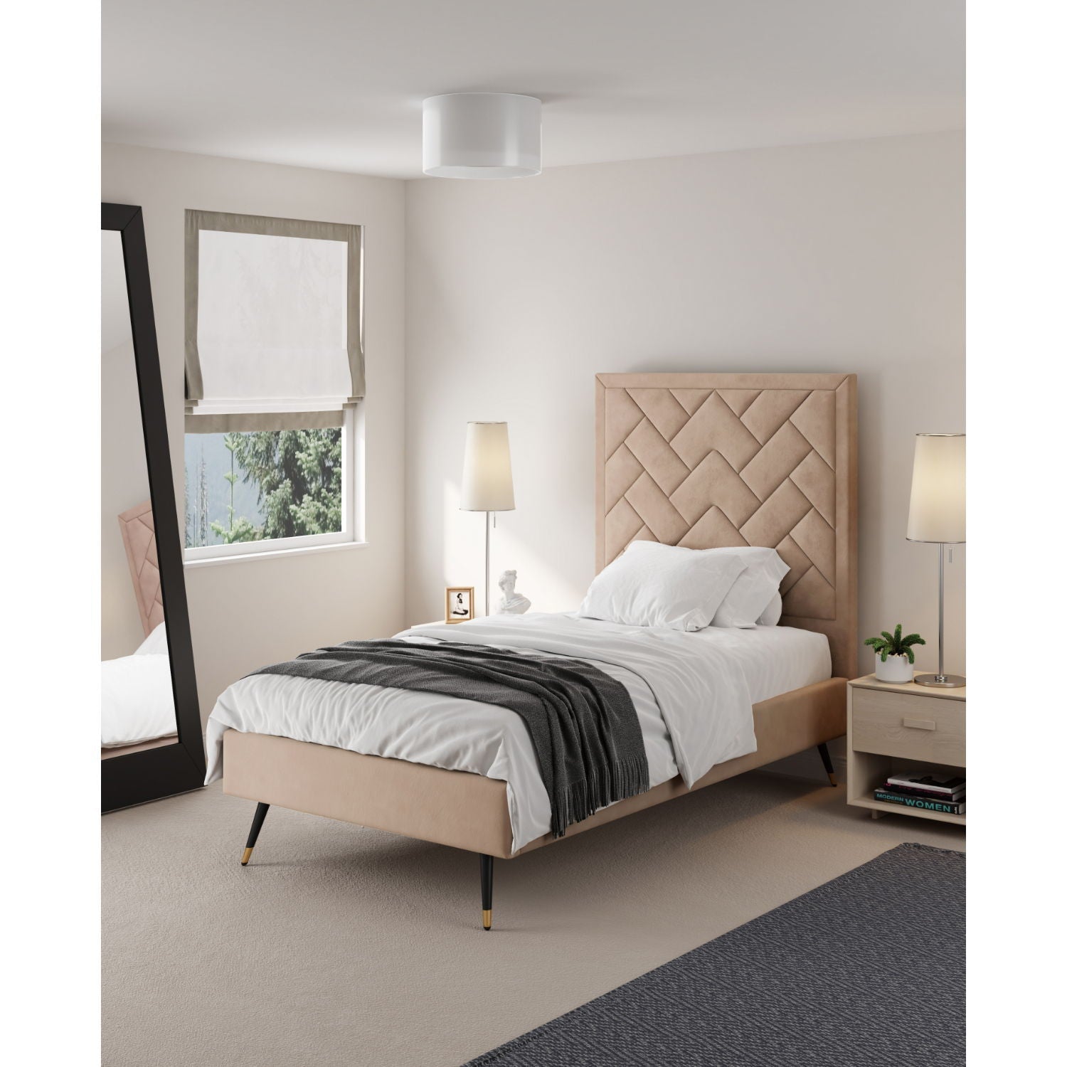 Crosby upholstered bed with beige tufted headboard and slatted foundation, black-tipped legs on Tampa Home & Garden Store