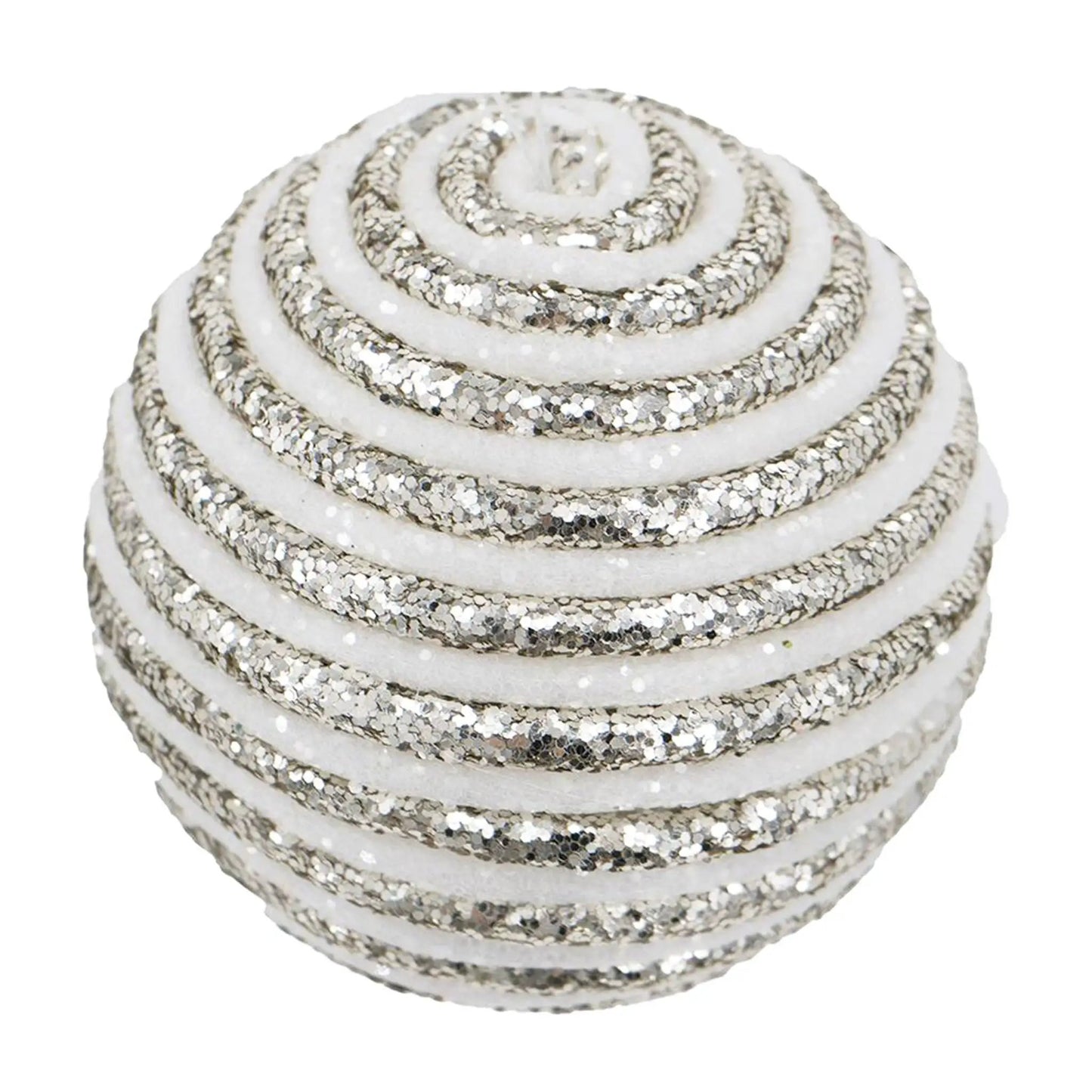 Christmas ball ornament set of 12 in white with silver glitter spiral design on Tampa Home & Garden Store