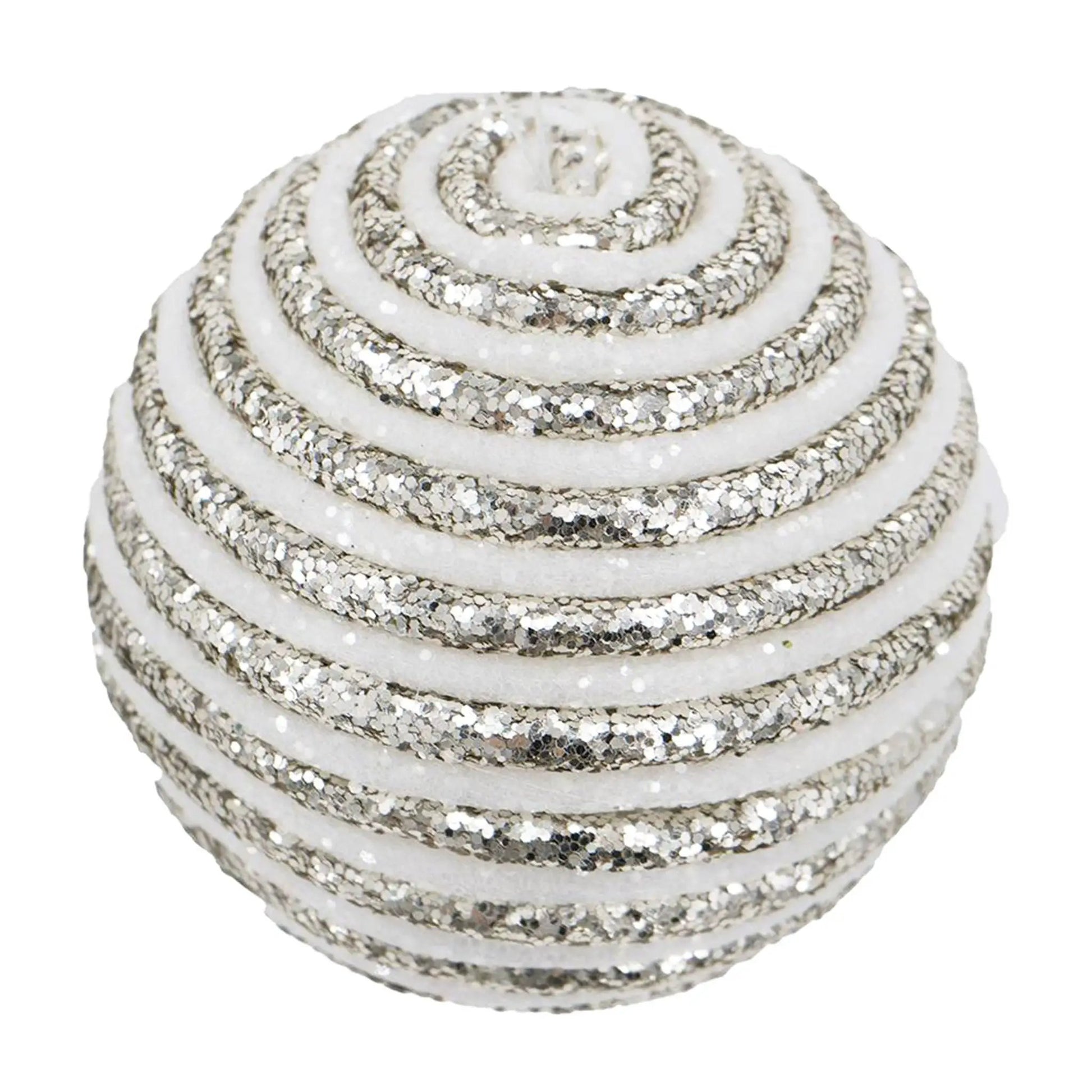 Christmas ball ornament set of 12 in white with silver glitter spiral design on Tampa Home & Garden Store