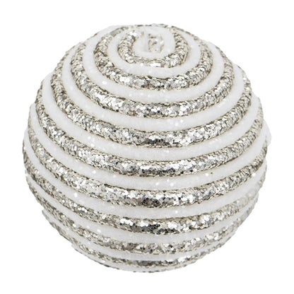 Christmas ball ornament set of 12 in white with silver glitter spiral design on Tampa Home & Garden Store
