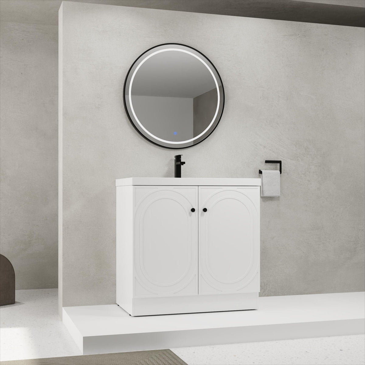 Freestanding bath vanity with resin sink, white cabinet, double arched doors, HouseOfZazla on Tampa Home & Garden Store