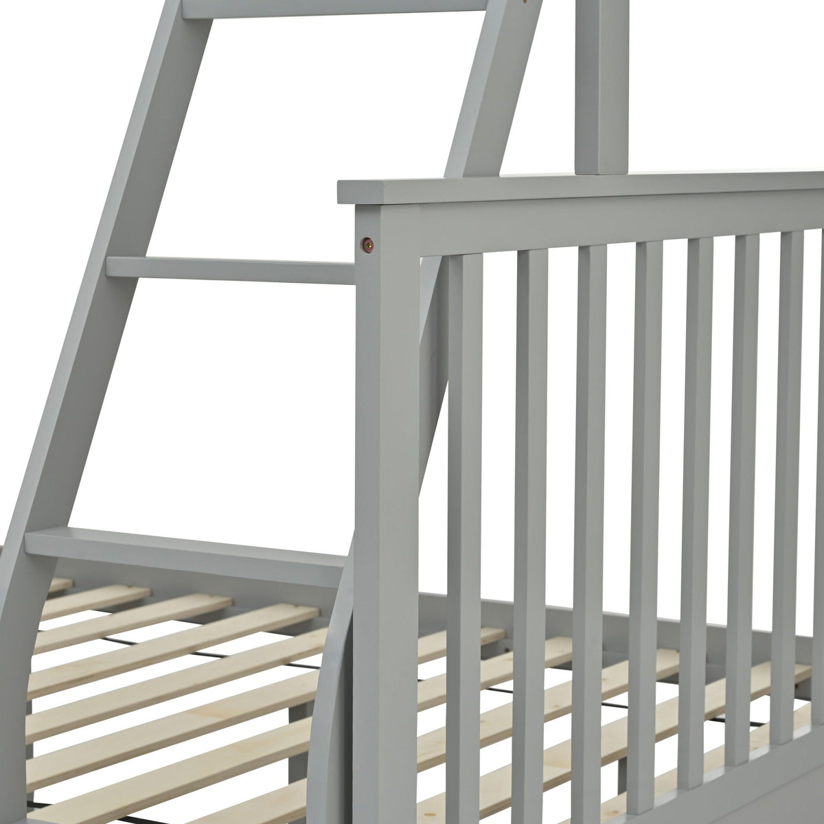 Bunk bed frame in gray with curved ladder, top safety guard rails, and visible wooden slat base on Tampa Home & Garden Store