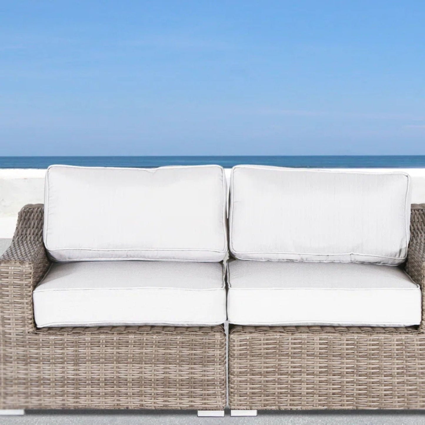 Chic Wide Outdoor Loveseat With Cushions brown wicker white cushions two seat HouseOfZazla on Tampa Home & Garden Store